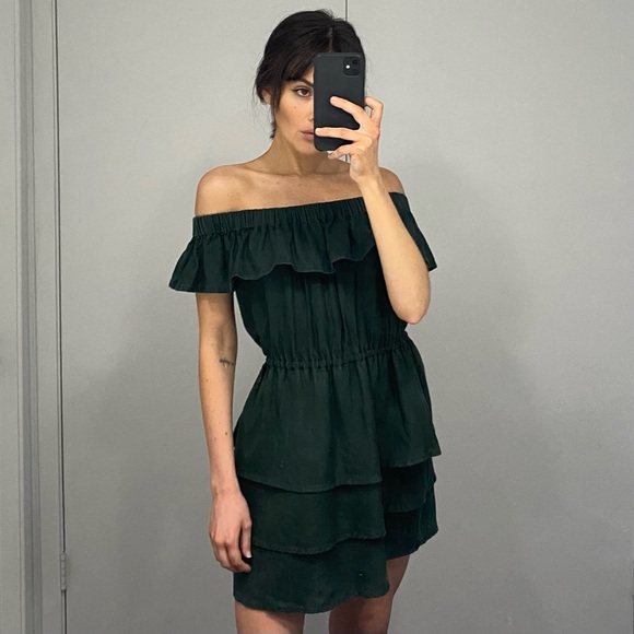 SIR The Label / Revolve Stefi Linen Off Shoulder Ruffle Mini Dress in Dark Olive - Picture 2 of 11